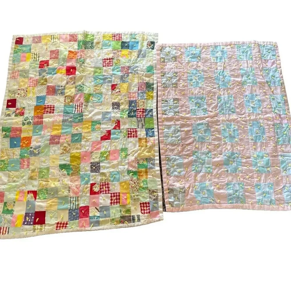 Vintage 1950s Baby Quilt Lot 2 Hand-Tied Patchwork Crib Toddler Blankets Craft